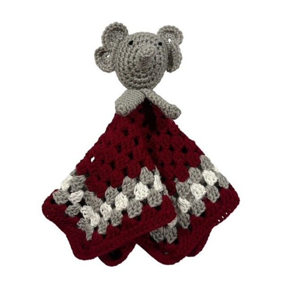 Hand Crocheted Elephant Baby Security Blanket Lovey Maroon Gray White Handmade